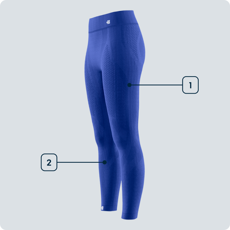 Jouw benen in topvorm – Compressie voor focus en flow Zijaanzicht van een blauwe compressietight voor dames met gemarkeerde functionele zones op bovenbenen en kuiten – technische weergave van spierondersteuning.