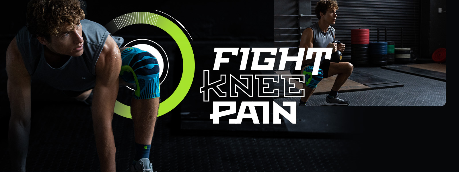 Vecht tegen kniepijnpromo -banner met een man die fitnessoefeningen doet met wie hij een kneeg draagt