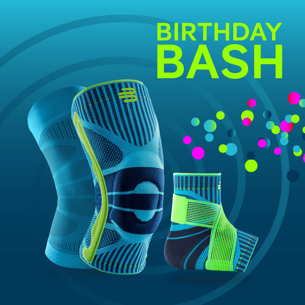 Graphics met een blauwe achtergrond met een wervelstructuur in het midden enigszins kleurrijke confetti aan de rechterkant van twee kniestanden en een enkelband en de tekst "verjaardag bash" in groen