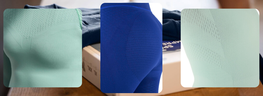 Elk detail telt – Compressie voelbaar in elke vezel Drie close-up beelden van mintgroene en blauwe compressieshirts en tights, die de gestructureerde stof en functionele zones voor spierondersteuning tonen – vastgelegd in een natuurlijke omgeving.