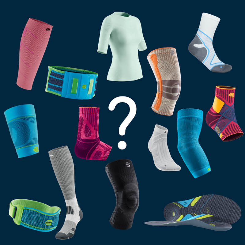 Een mix van Bauerfeind sportproducten – bandages, sleeves, sokken en inlegzolen – gerangschikt rond een groot vraagteken op een donkere achtergrond. De kleurrijke producten staan voor individuele ondersteuning voor elke sporter.