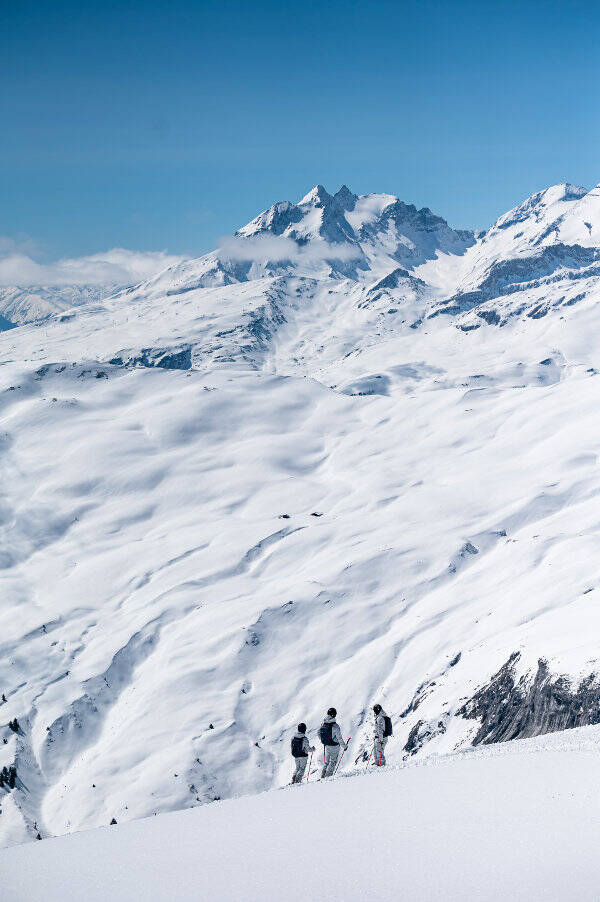 Sneeuw bedekte alpine panorama ervoor is te zien drie skiërs met rugzakken