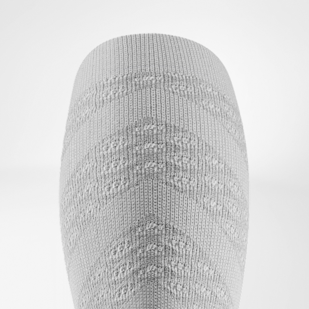 Detail van de 3D-Dots op de achterkant van de witte Run Performance Socks, voor gerichte drukverdeling.