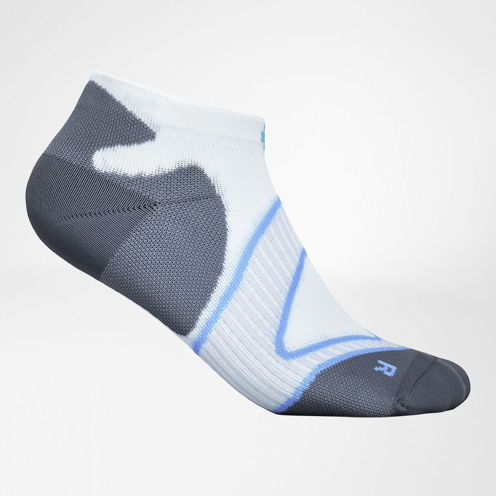 Lateraal compleet zicht op de witblauwe korte rijen sokken