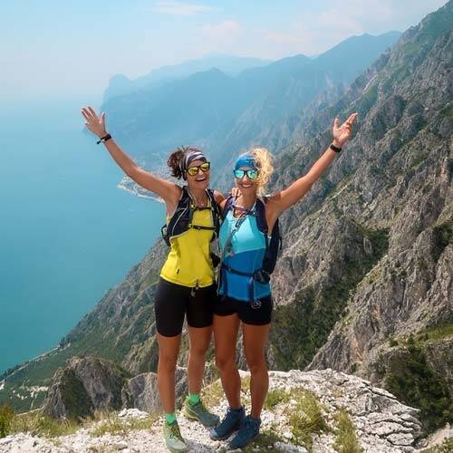 Afbeelding van de twee "You Are on Adventure Story" Vrouwen op een bergtop