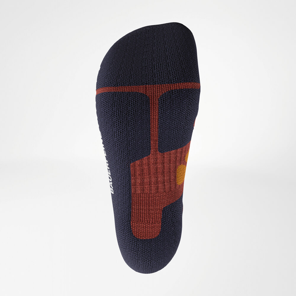 Detailweergave van de zool van de Merino Outdoor Socks. Luchtkanalen en de anatomische pasvorm optimaliseren ventilatie en houden je voeten droog en comfortabel – zelfs tijdens lange tochten.