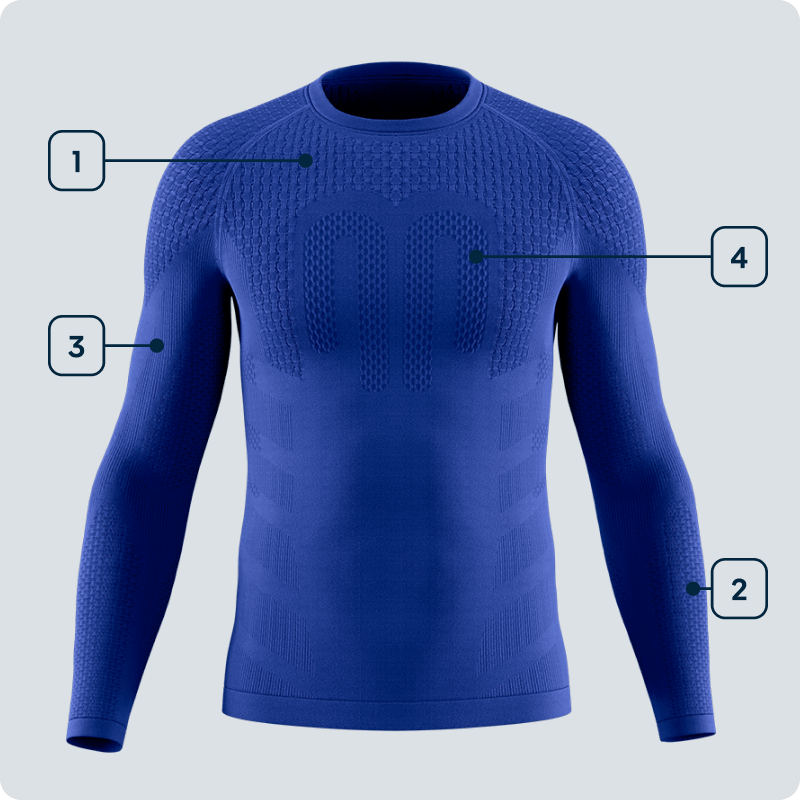 Technologie en kracht – Het compressieshirt voor maximale spiercontrole Vooraanzicht van een blauw heren compressieshirt met lange mouwen en gemarkeerde functionele zones op schouders, armen, onderarmen en borst – toont de technische structuur van het shirt.