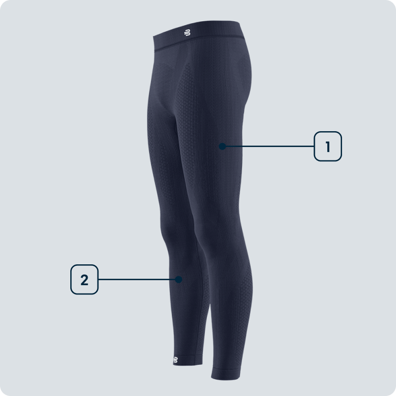 Voel elke beweging – Compressietight voor krachtige beentraining Zijaanzicht van een zwarte compressietight voor heren met gemarkeerde functionele zones op bovenbenen en kuiten – gericht op spierondersteuning.