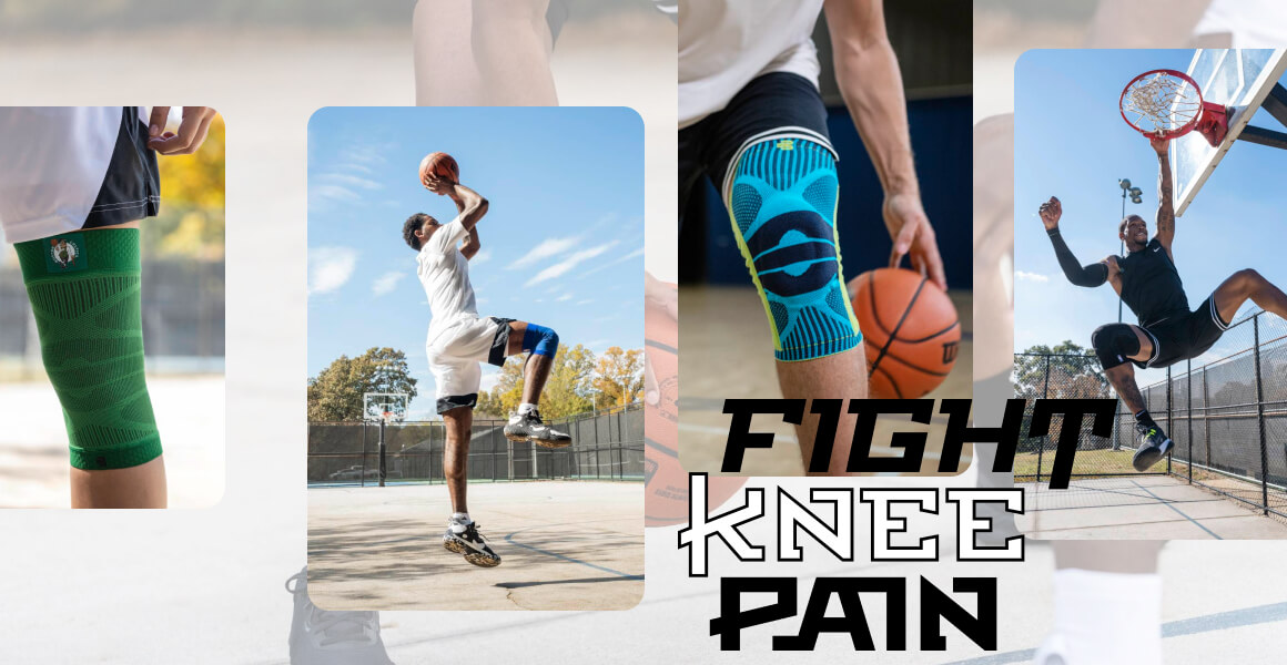 Kracht begint bij je knie. Een collage van vier afbeeldingen toont basketballers die springen, dunken en dribbelen. De nadruk ligt op kniesteunen in verschillende kleuren tijdens het spel.