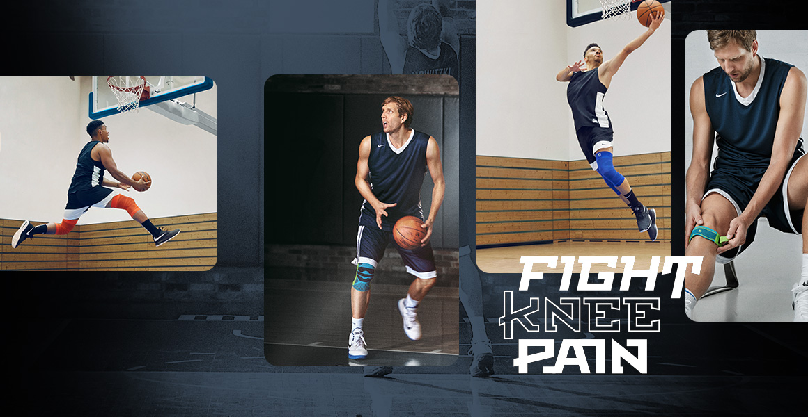 Picture Collage met Dirk Nowitzki en andere basketbalspelers voor basketers met tekstlogo "Fight Knie Pain"
