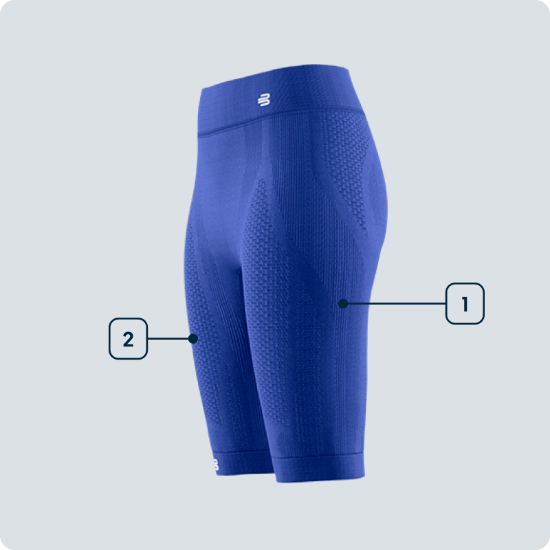 Kracht en controle – Jouw compressieshort voor dynamische trainingen Zijaanzicht van een blauwe compressieshort voor dames met gemarkeerde zones op billen en dijen – toont gerichte spierondersteuning.
