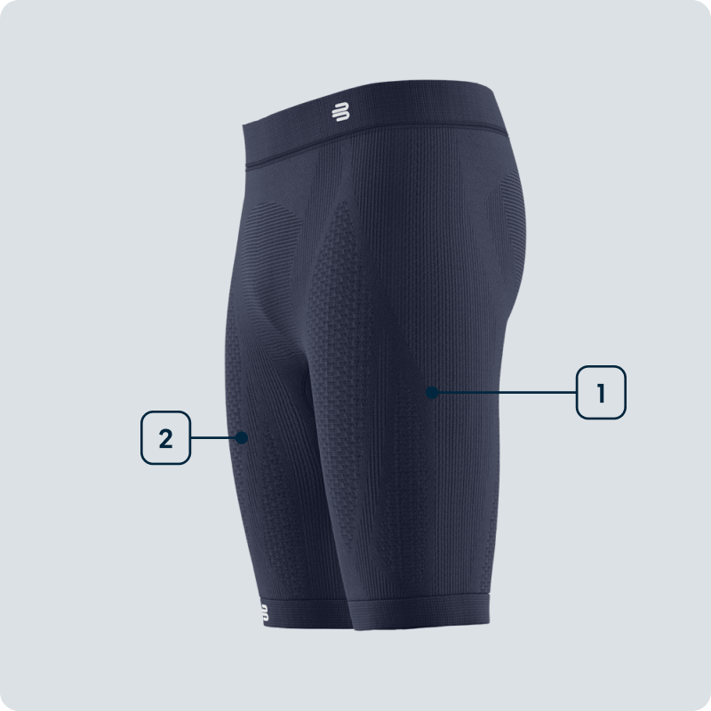 Kracht vanuit de core – Compressieshort voor intensieve trainingen Zijaanzicht van zwarte compressieshort voor heren met gemarkeerde zones voor spierondersteuning van dijen en bilspieren – focus op pasvorm en functie.