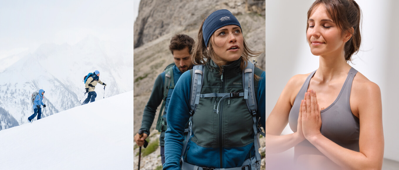 Voel de kracht: met outdooravonturen, skiën, yoga en meer Grafiek zonder tekst: Skitoeristen, een wandelaar en een vrouw in yogahouding.