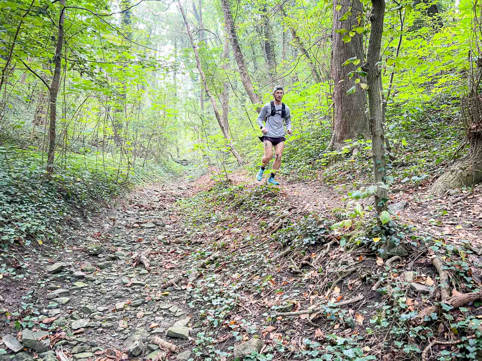 Trailrunning in het Bos – Perfecte Training in de Natuur. Een trailrunner rent op een rotsachtig pad door een dicht bos. De omgeving is groen en rustig, ideaal voor intensieve buitentraining.