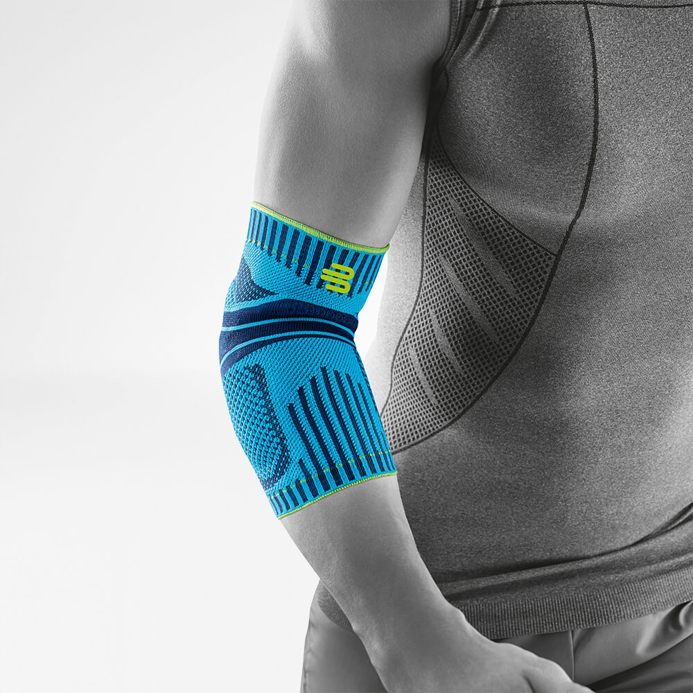 Ellenbogen Bandage Rivera vooraanzicht raar Volledig uitzicht op de Rivera Color Sports Band voor de elleboog op het gestileerde grijze lichaam