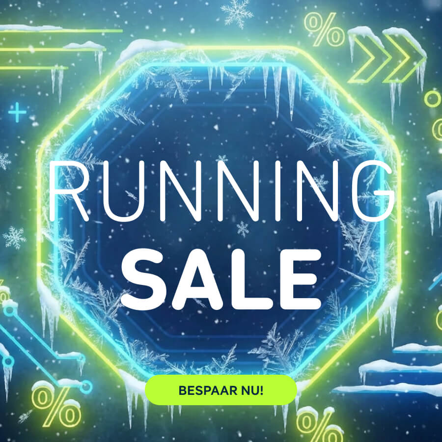 Grafisch winterbeeld met een running-sale-thema, inclusief ijs- en sneeuwelementen. In het midden staat de tekst “Running Sale”, aangevuld met procent-symbolen.