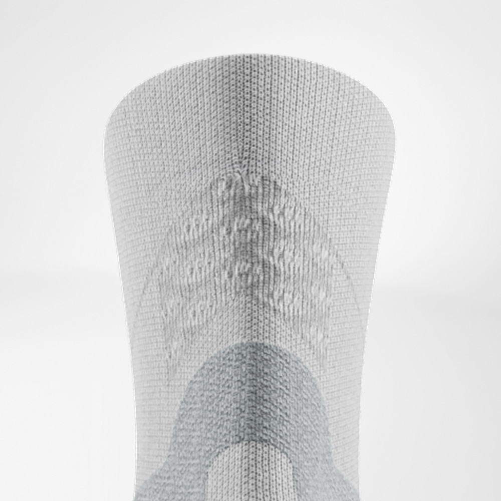 Close-up van de achterkant van de witte Run Performance Midcut sok: grijze achillespees-comfortzone, gebreide 3D-dots bij de boord en ondersteunende breizones langs de kuit.