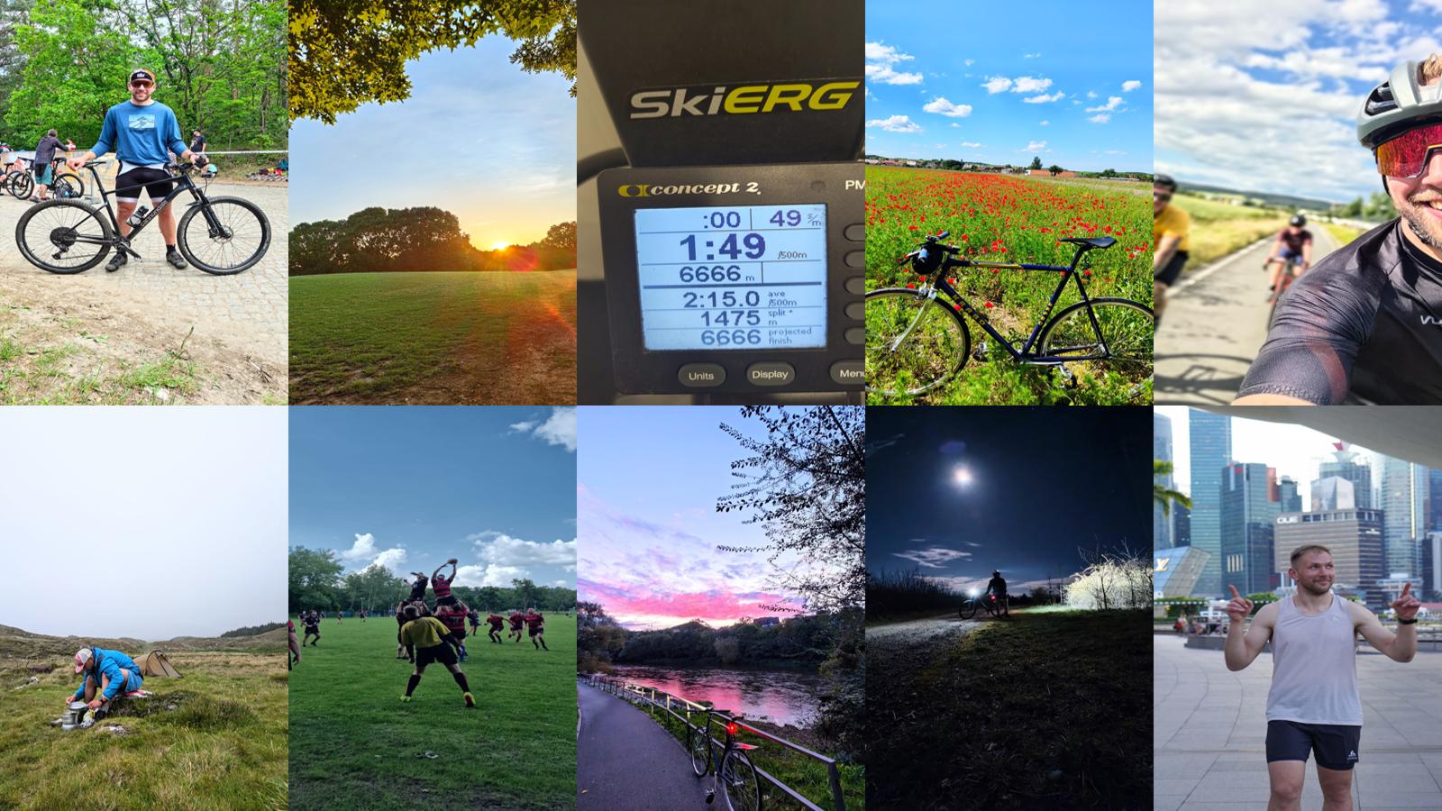 Twaalf uitdagingen, één doel: fitness in al zijn facetten beleven! Een collage van twaalf foto's die verschillende sportactiviteiten tonen, waaronder fietsen in de nacht, outdoortraining, een zonsopgang boven een veld, een SkiErg-trainingsapparaat, een fiets voor een klaprozenveld.