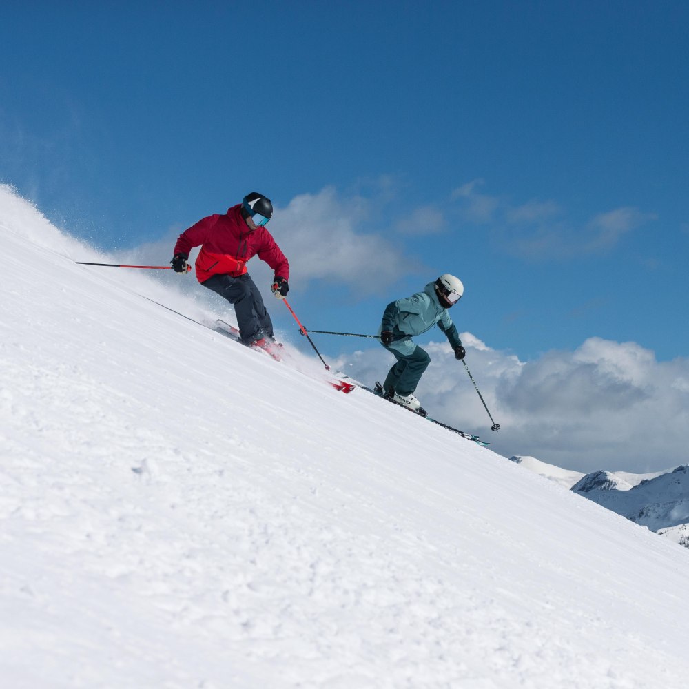 Merino skisokken voor alpineskiën Twee skiërs in poedersneeuw op afdalingsski's