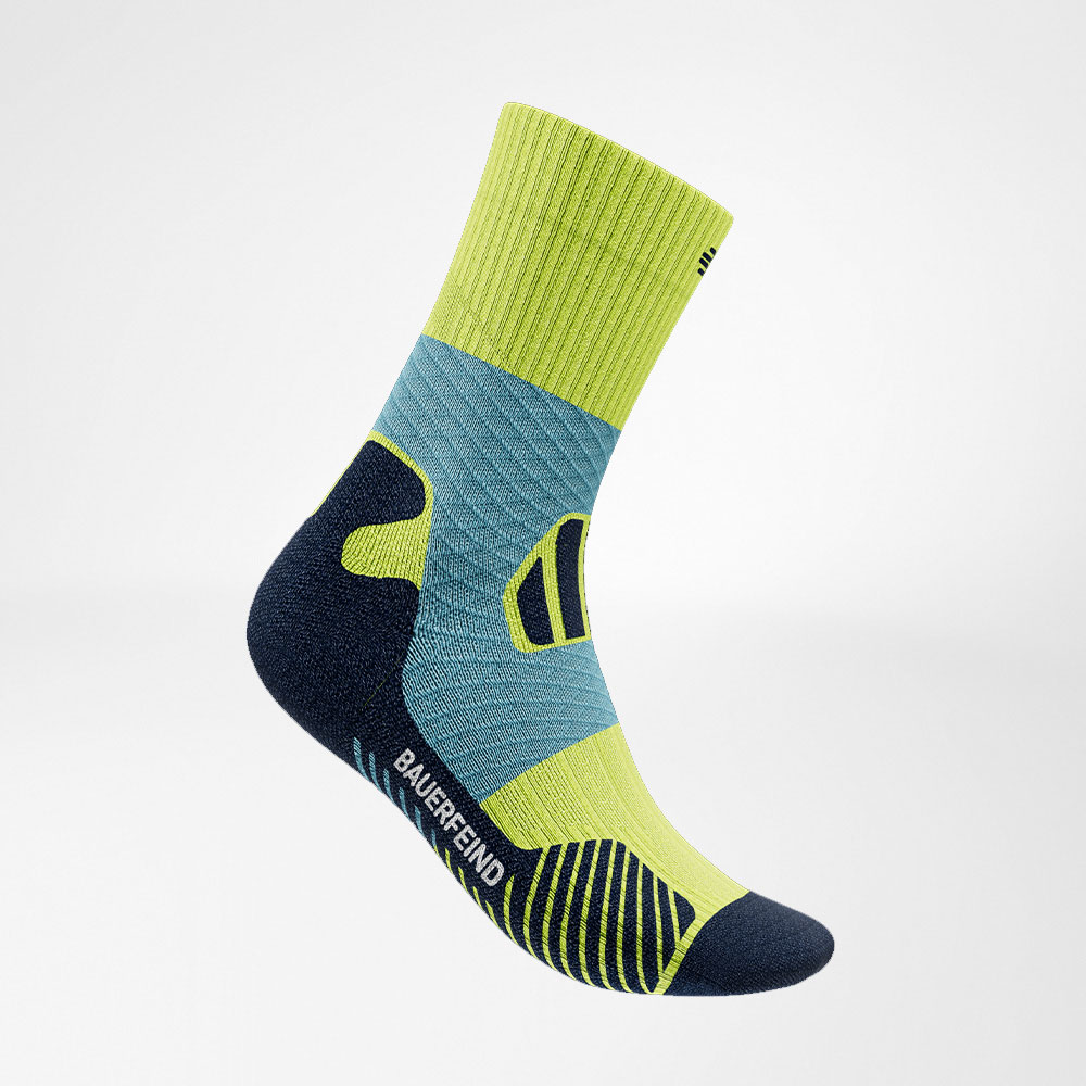 Central Trail Runrun Running Socks Blue Geelse zijaanzicht Zijaanzicht van de blauw -gley medium -length Trail Run -Running Socks