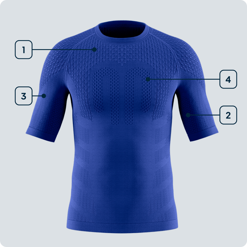 Compressie in beweging – Jouw shirt met korte mouwen voor intensieve trainingen Vooraanzicht van een blauw heren compressieshirt met korte mouwen en gemarkeerde functionele zones op schouders, bovenarmen, borst en flanken – technische illustratie.