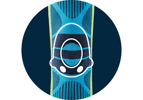 Effectieve pijnreductie en letselprofylaxe met sportknieondersteuning en het Omega -pad Frontale opname van het middelste deel van de kniesteunsporten op donkerblauwe achtergrond met de gestileerde tekening van de pelotte