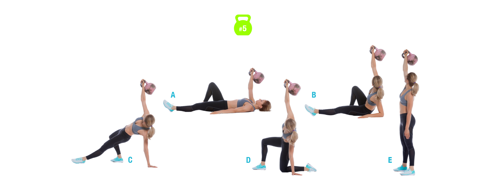 Turks sta op met de kettlebell in 5 stappen Vrouw toont de Turkse die in 5 stappen met de kettlebell opkomt