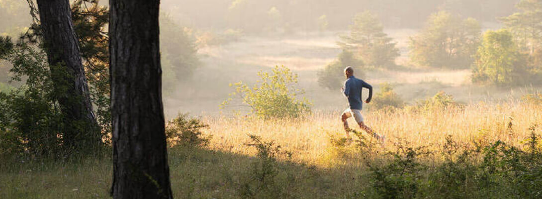Man jogt over een weide	 op de voorgrond staat een boom	 op de achtergrond zijn er heuvels