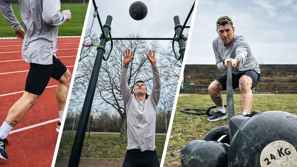 Collage in drie delen: atleet rent op een baan, staat onder een outdoor rek met een bal in de lucht en sleept kettlebells over een grasveld.