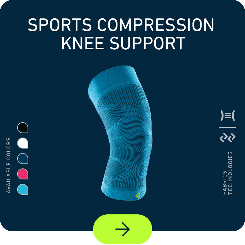 Sportcompressie knieondersteuning op donkerblauwe achtergrond met kleuren aan de linkerkant en technologische pictogrammen aan de rechterkant
