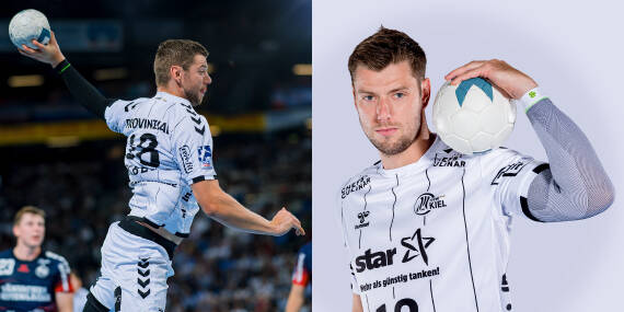 Thw Kiel -speler Niclas Ekberg draagt onze sportcompressiemouwen arm Twee dollar foto met handbalspeler Niclas Ekberg in actie tijdens een spel en in vrede met een bal poseren