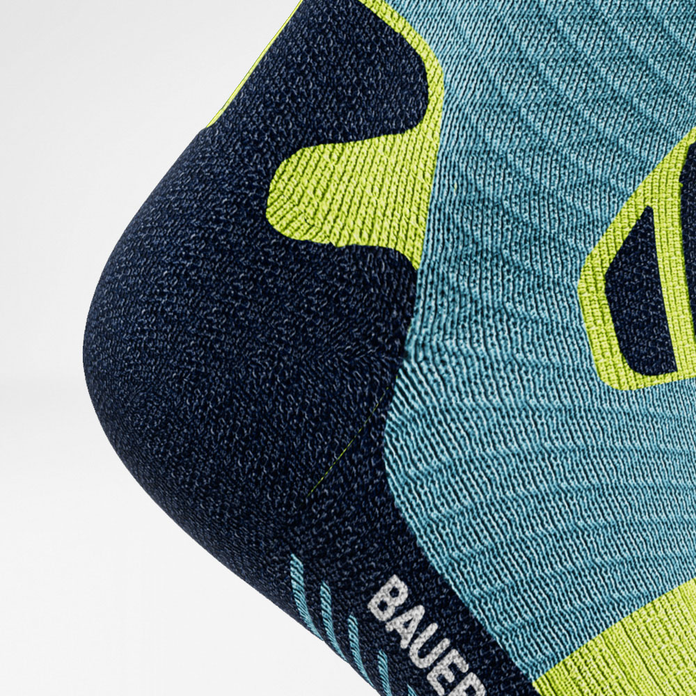 Central Trail Runrun Running Socks Blue Geel Detail Heel Protection Gedetailleerde opname Heel Protection Zone van de blauw -gyellow medium -length Trail Run -Running Socks