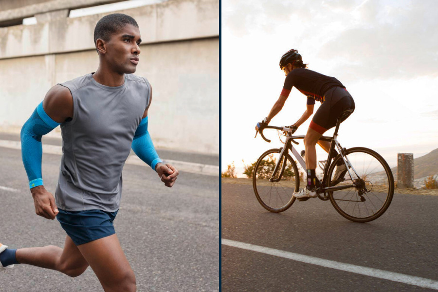 Twee -geduidde foto: links een loper met armmouwen, rechts een race fietser bij schemering