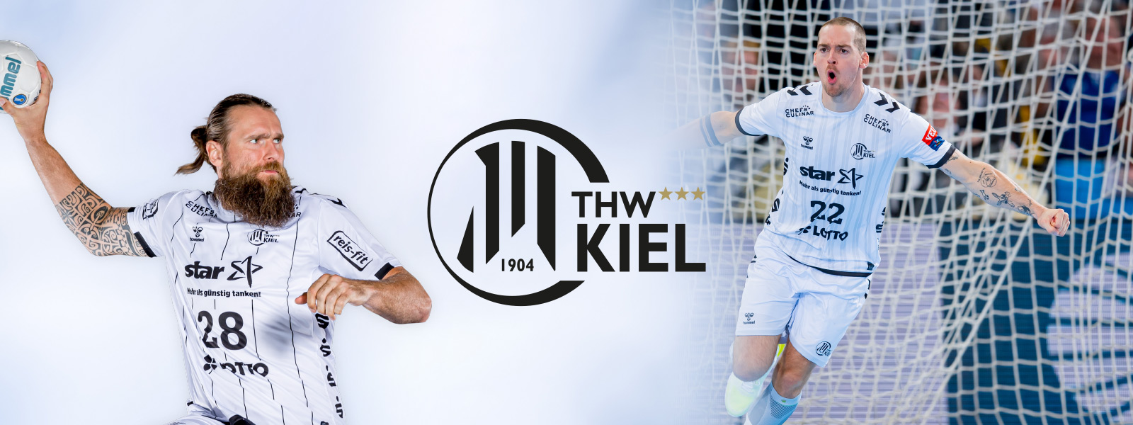 Twee -verdeelde foto van THW Kiel Handballer met een baard bij de worp aan de linkerkant en andere spelers op het veld op het veld aan de rechterkant, tussen het logo van de club daartussenin