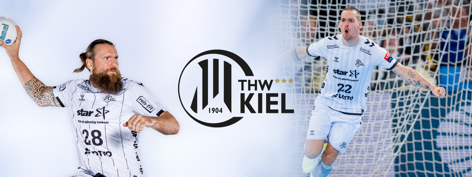 Volledige kracht op de fjord: de Thw Kiel vertrouwt op de producten van Bauerfeind Sports Twee -verdeelde foto van Thw Kiel Handballer met een baard aan het nest aan de linkerkant en andere spelers wanneer gejuich in het veld rechts daartussenin, het logo van de club