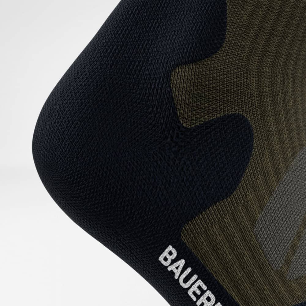 Merino wandelsokken Dark Green Detail Heel Protection Gedetailleerd beeld van de hiel van de merino -wandelsokken in donkergroen