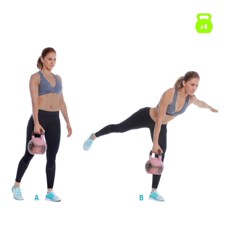 Één beenrij met de kettlebell Vrouw maakt een rij met één been met de kettlebell