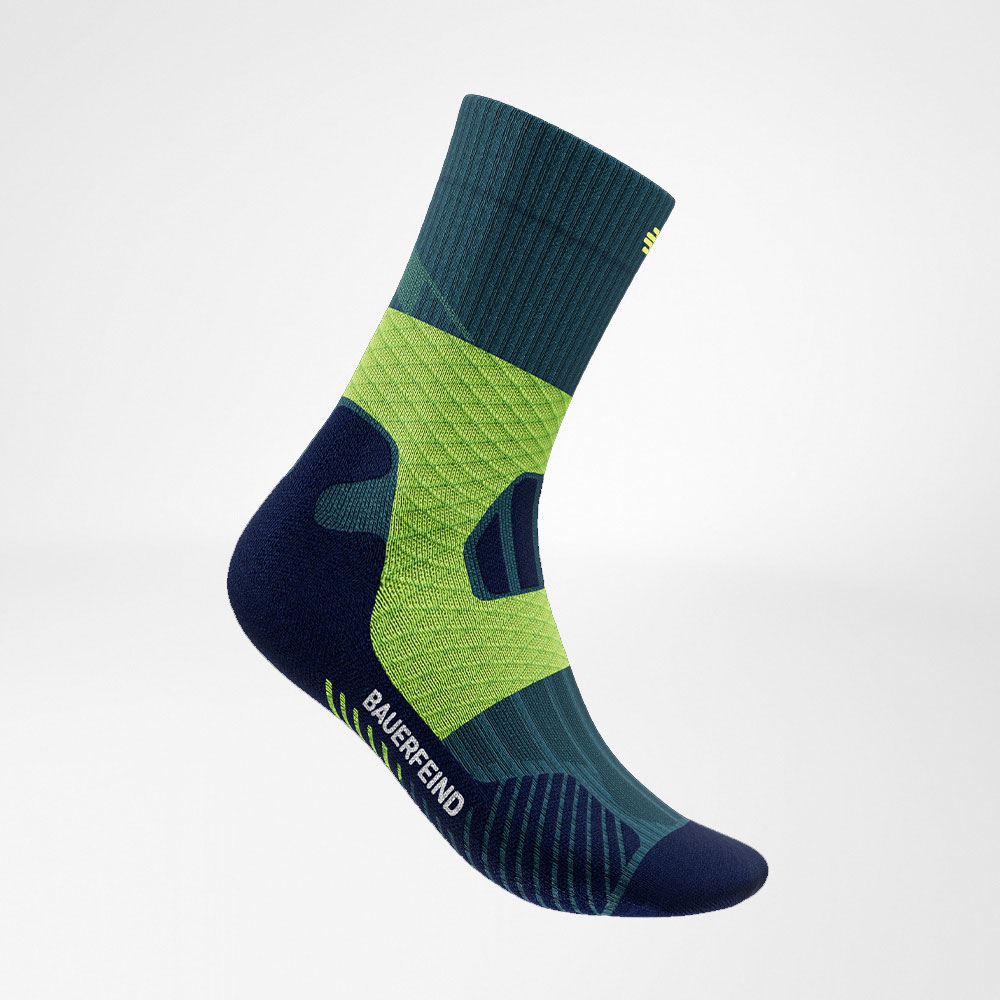 Zijaanzicht van de blauw -green medium -length Trail Run -Running Socks