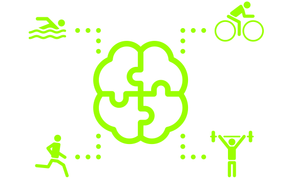 Groene afbeeldingen met pictogrammen voor zwemfietsen en gewichtheffen die worden samengebracht in een soort brein in het midden