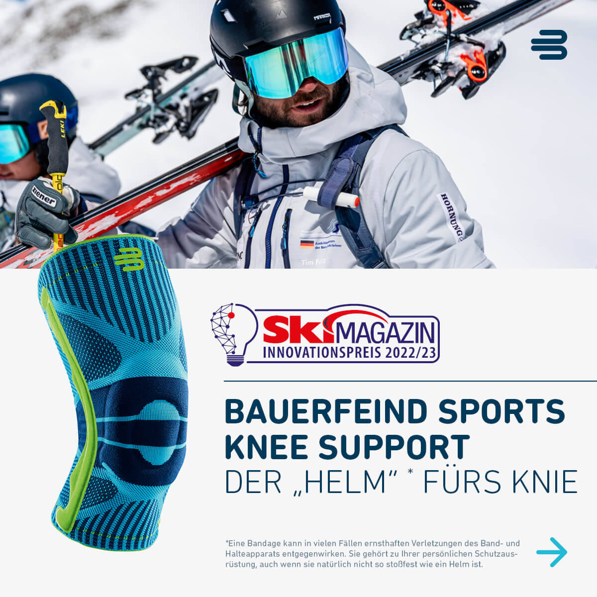 The Bauerfeind Sports Knee Support: Uitstekend door de lezers van het Ski Magazine Image Collage: Skiërs dragen zijn ski's op de schouder aan de bovenkant en knieband met award -logo en tekst hieronder